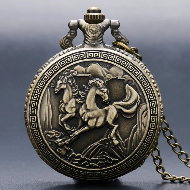 Free shipping Antique Bronze 3D Double horse Quartz Pocket Watch Necklace Pendan Free shipping Antique Bronze 3D Double horse Quartz Pocket Watch Necklace Pendan