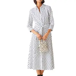 Летнее платье 2019 г. Женские повседневные платья в горошек женская одежда белый длинное платье на шнуровке платье-футболка