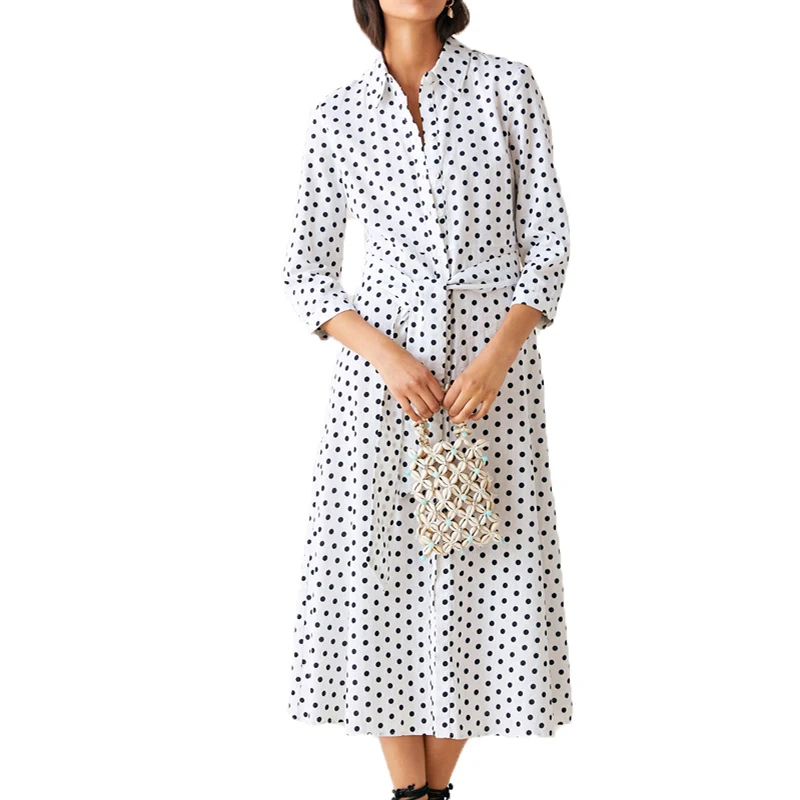 

Summer dress women 2019 casual dress dot womens clothing white long dress lace-up shirt dress