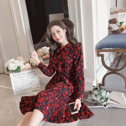 

Free Shipping New 2018 Spring Summer Women Work Wear Dress Beautiful Slim Dresses Floral Thin Bow