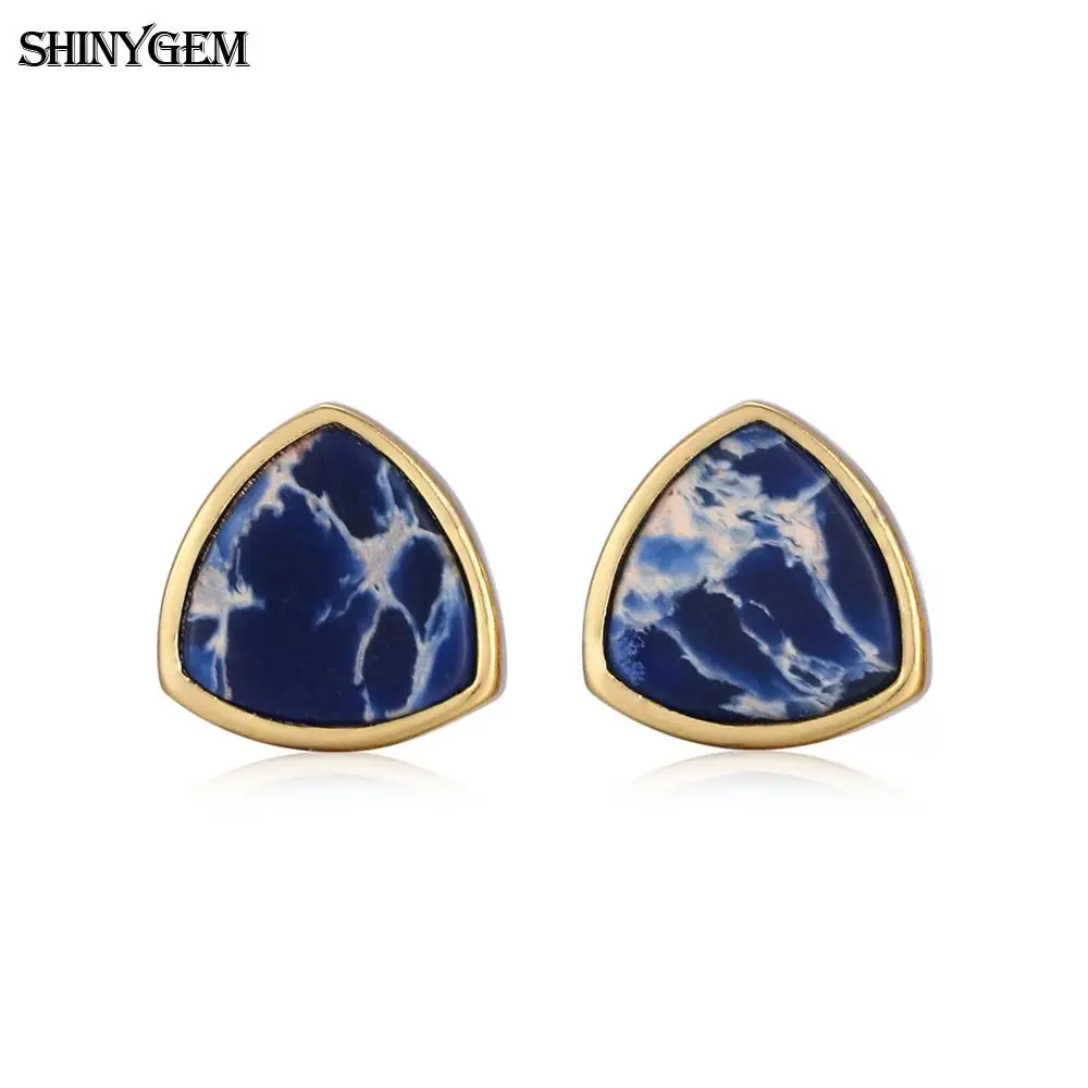 

ShinyGem 10mm Triangle Natural Stone Earrings Minimalism Small Stud Earrings Gold Plating Jaspers Gem Stone Earrings For Women