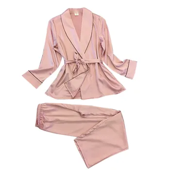 

2019 Summer New Women Fashion Sexy Silk-Like Pajamas Lapel Leisure Silk Household Clothing Sexy Nightgown 2 piece set women
