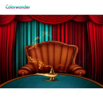 

Colorwonder Photography Background Golden Magic lamp 7x5ft Red and Blue Curtain with Brown Leather Sofa Backdrop for Photo Booth