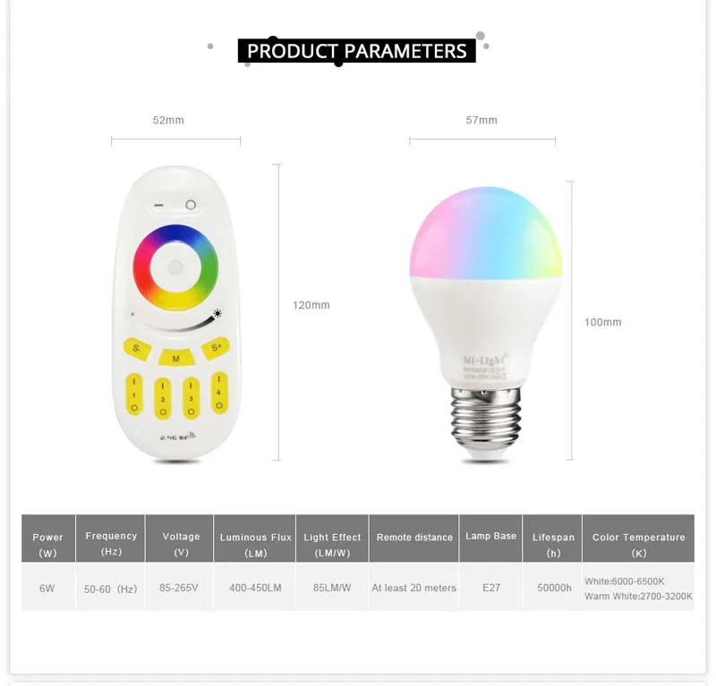 Dimmable RGBW Led Bulb Lamp Mi Light E27 AC 85-265V 6W Luz Led Lamp Spotlight Lampada LED Energy Saving Lamp with Remote Control (7)