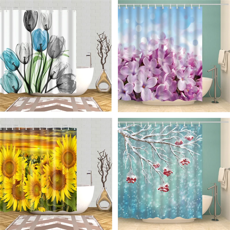 

New arrival spring style flowers leaves 3d shower curtains fabric waterproof polyester bath curtain bathroom decor screen