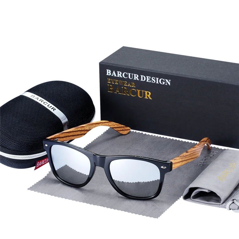 BARCUR, натуральная Зебра, дерево, солнцезащитные очки, поляризационные, деревянные, прямоугольные, зеркальные линзы, для вождения, UV400, для мужчин и женщин - Цвет линз: Siver Polarized