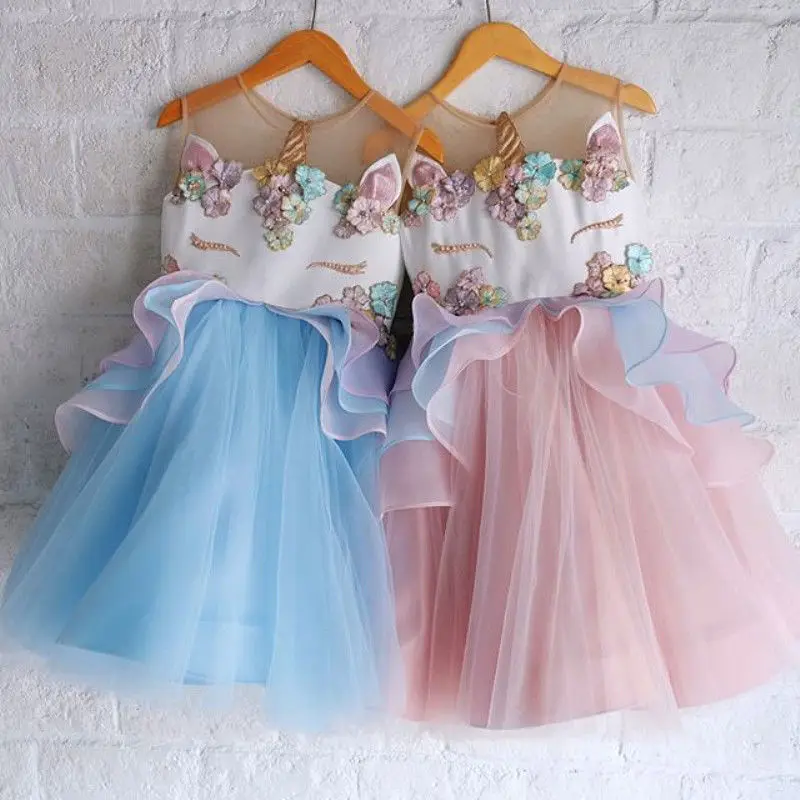 

Lovely Cute Chiffon Cartoon Kids Girl Princess Bridesmaid Pageant Party Formal Tutu Blue Pink Purple Dress