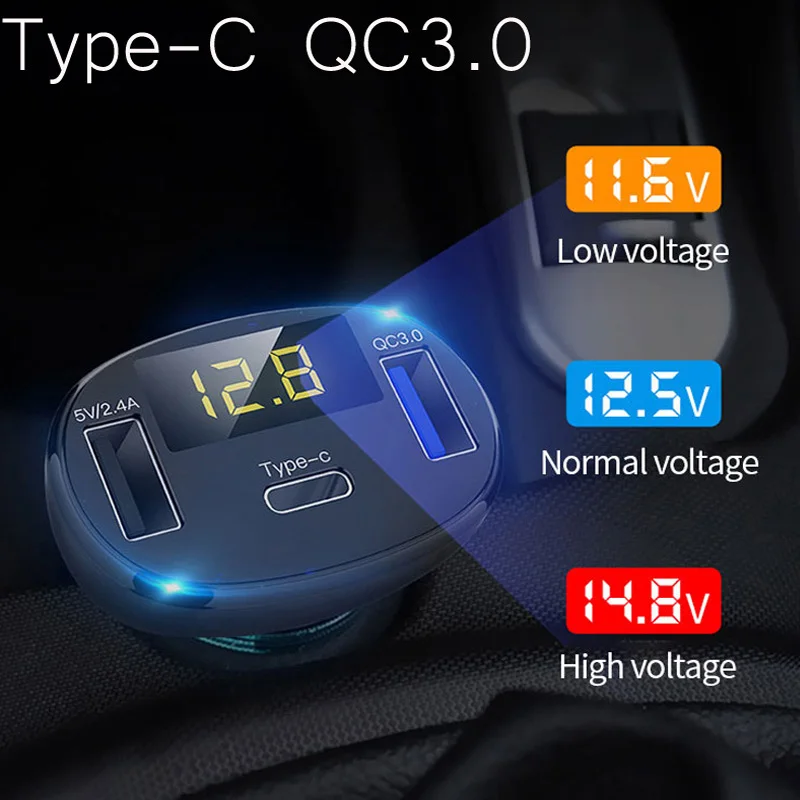 Автомобильное зарядное устройство type-C QC3.0, 12 В, автомобильная розетка, двойной USB разъем для прикуривателя, быстрое зарядное устройство для телефона, умный светодиодный дисплей, gps Аксессуары