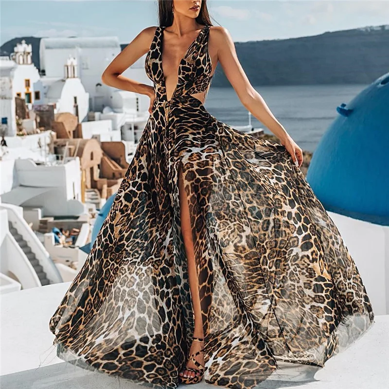 

2019 Sexy Deep V Backless Leopard Dress High Split Dresses Female Elegant Backless Maxi Dress Vestdios High Split Long Dresses