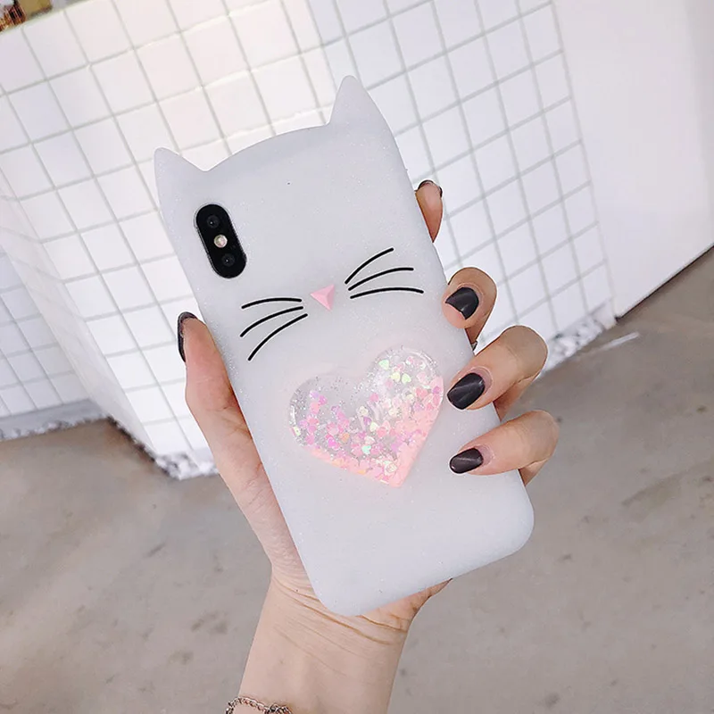 Tfshining Cute Liquid heart quicksand Phone Cases Cover For Iphone 7 8 6 6s Plus X 3D Cartoon Beard Lucky Cat Silicone Coque New (6)