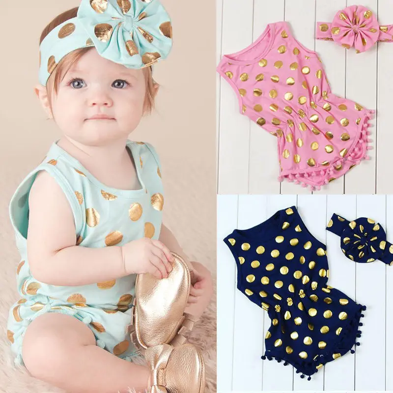 

2016 Summer Princess Newborn Baby Girl Bodysuits + Hairband Infant Jumpsuit Polka Dot Cotton Baby Clothing