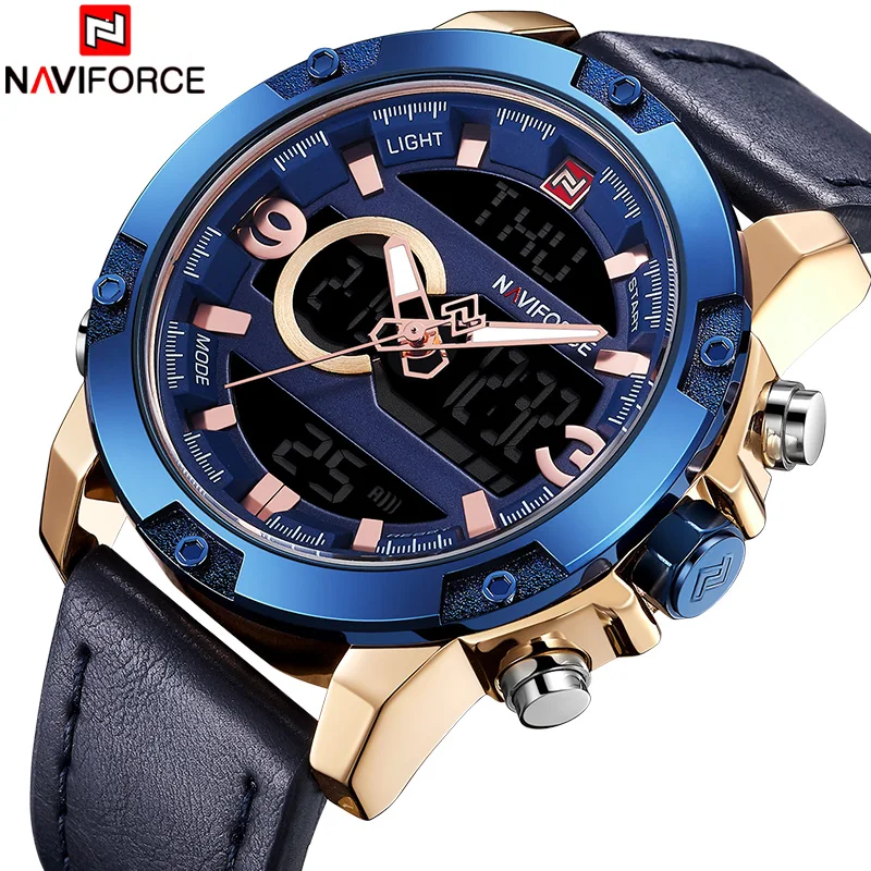 

NF9097 Top Luxury Brand NAVIFORCE New Men Quartz Watch Men's Military Leather Sport Wrist Watches Male LED Digital Analog Clock