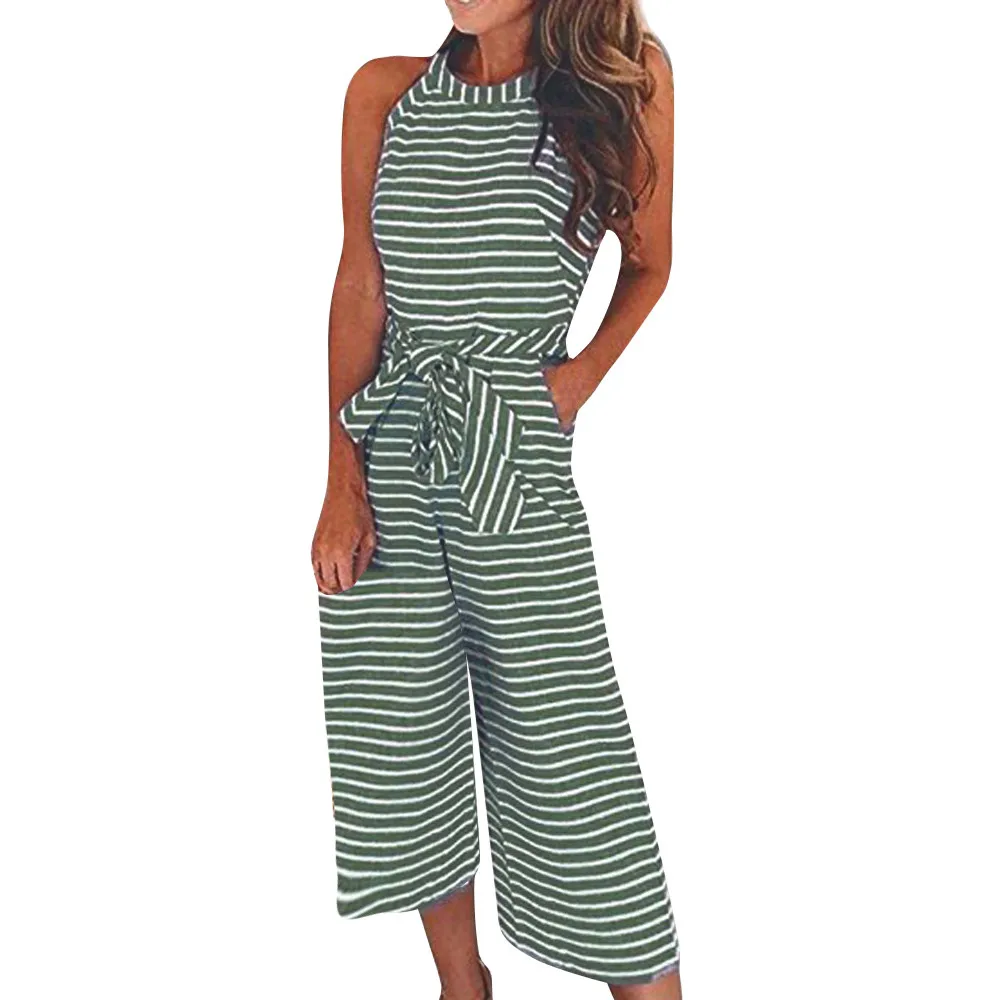 

Free Shipping Women Casual Striped Jumpsuit Wide Leg Pants Sleeveless Rompers 80608