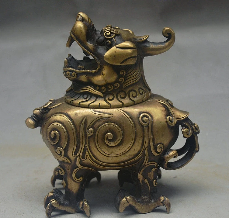 

6" Old China Bronze Auspicious Beast Unicorn Pixiu Statue Incense Burner Censer