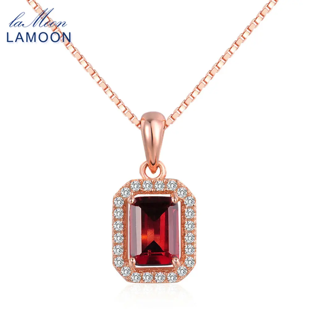 LAMOON 925 пробы Серебряное ожерелье прямоугольный красный гранат драгоценный