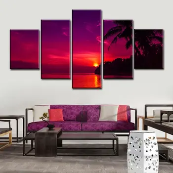 

Coconut Thailand Beach Sunset Red and Purple Wall Art Landscape Painting for Living Room Printed 5 Panels Artwork Drop Shipping