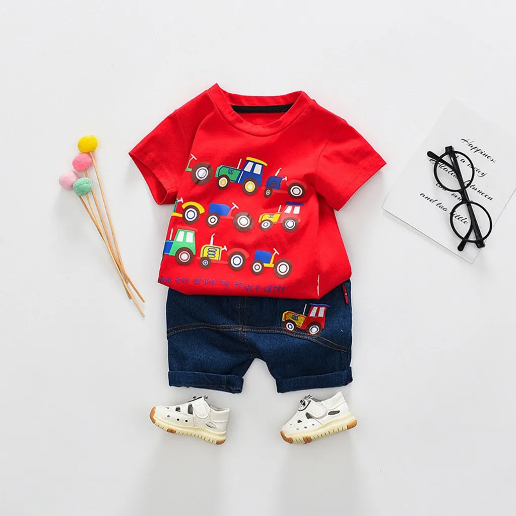 Комплекты одежды для маленьких мальчиков Одежда для новорожденных футболка с мультяшным автомобилем топы, джинсы джинсовые шорты комплект одежды, Прямая поставка