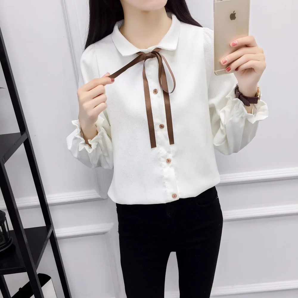 Autumn Long Sleeve Women Shirt Preppy Style Bow Woman Shirt Corduroy Plus Thick Solid Color Women Blouses Turn-Down Collar Top (7)