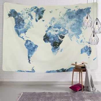 

Blue Watercolor World Map Tapestry Abstract Splatter Painting Tapestry Wall Hanging Art for Living Room Bedroom Dorm Home Decor