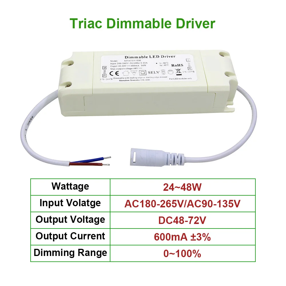 

24~48W Triac Dimmable Driver Safe Plastic Shell AC90-265V DC48-72V Lighting Transformer 600mA Power Supply Adapter for Led Lamps