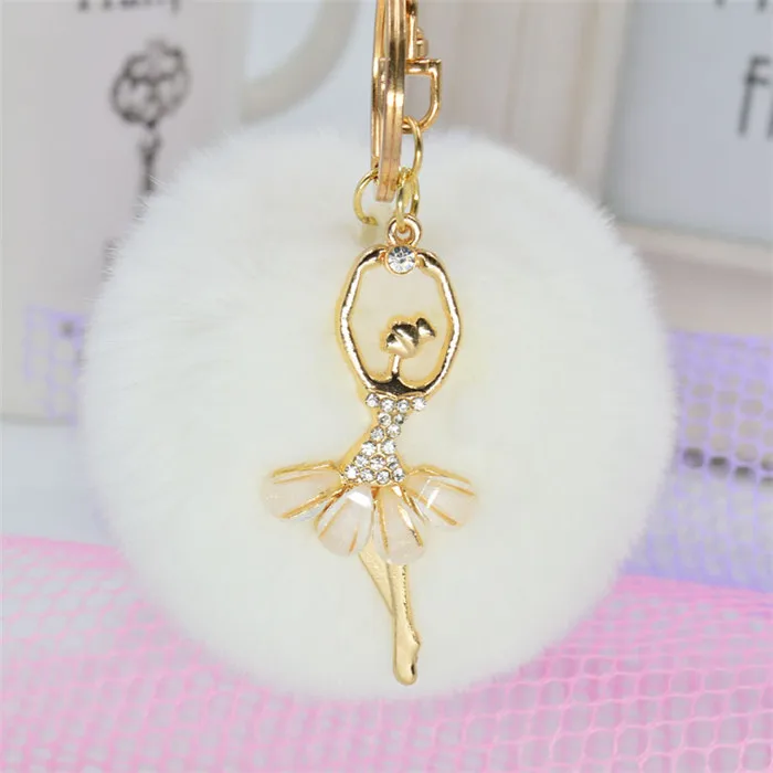 Fashion Crystal Ballet Dancing Fairy Faux Rex Rabbit Fur Ball Pom Pom Gold Key Chains Woman Bag Charms Keyring Car Ring Trinket (16)