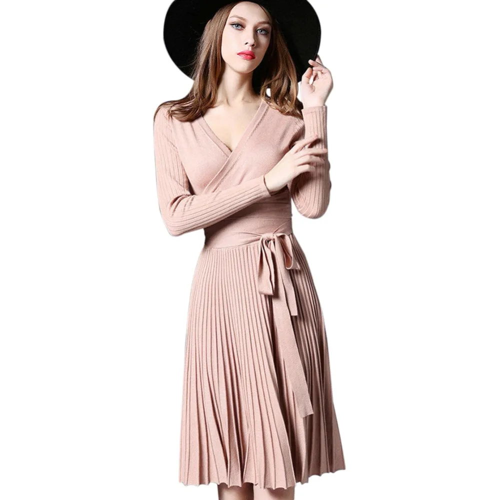 

2018 Spring Summer Women casual V-neck pleated bow knit dress female clothing
