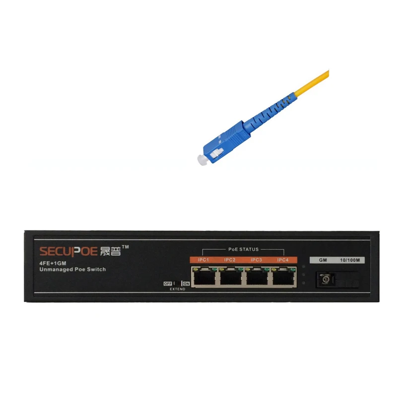 

SECUPOE 4-Port PoE Switch 10/100M 1-Port SC Fiber Optic Uplink 802.3af 802.3at Built-in DC48V Power Supply 250m Transmission