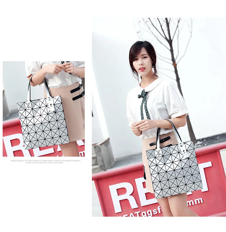 ZYJ Deformable Women Laser Geometry Quilted Plaid Pearlescent Handbag Shoulder Bags Casual Sequins Lattice Foldable Tote Bag (14)