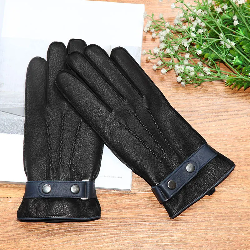 Full Outer Seam Man's Deerskin Gloves Genuine Buckskin Male Gloves Plus Velvet Thicken Winter Warm Driving Man Mittens LDM9117