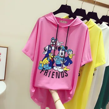 

New Spring Summer Fashion Medium-long Women Pullover Top Mickey Printing Short Sleeve Hooded T-shirts Loose Casual Students Tees