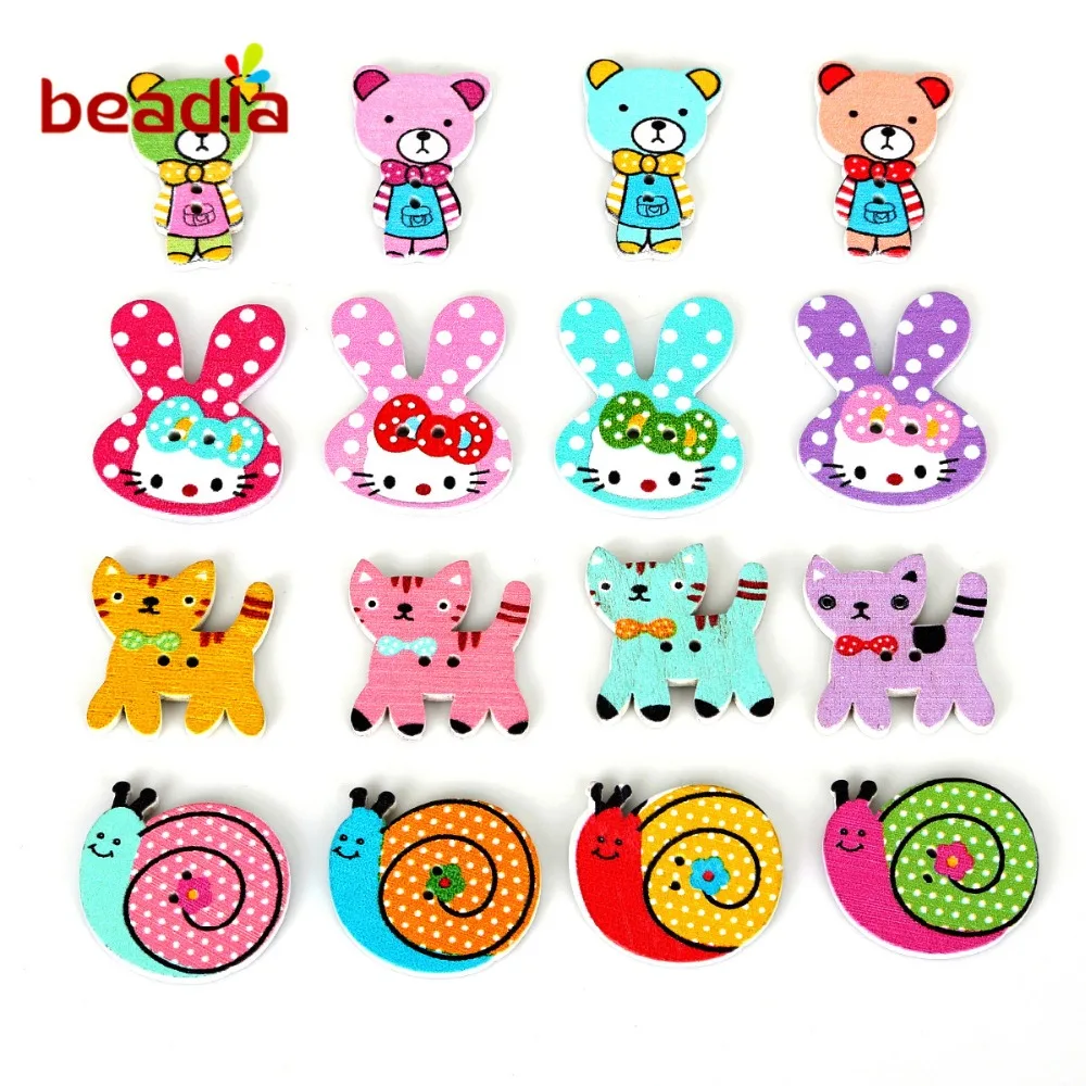 

50PCs Natural Wood Buttons Random Mixed 2 Holes Pattern Cartoons Cat Bear Animals Scrapbook Craft DIY Sewing Accessories