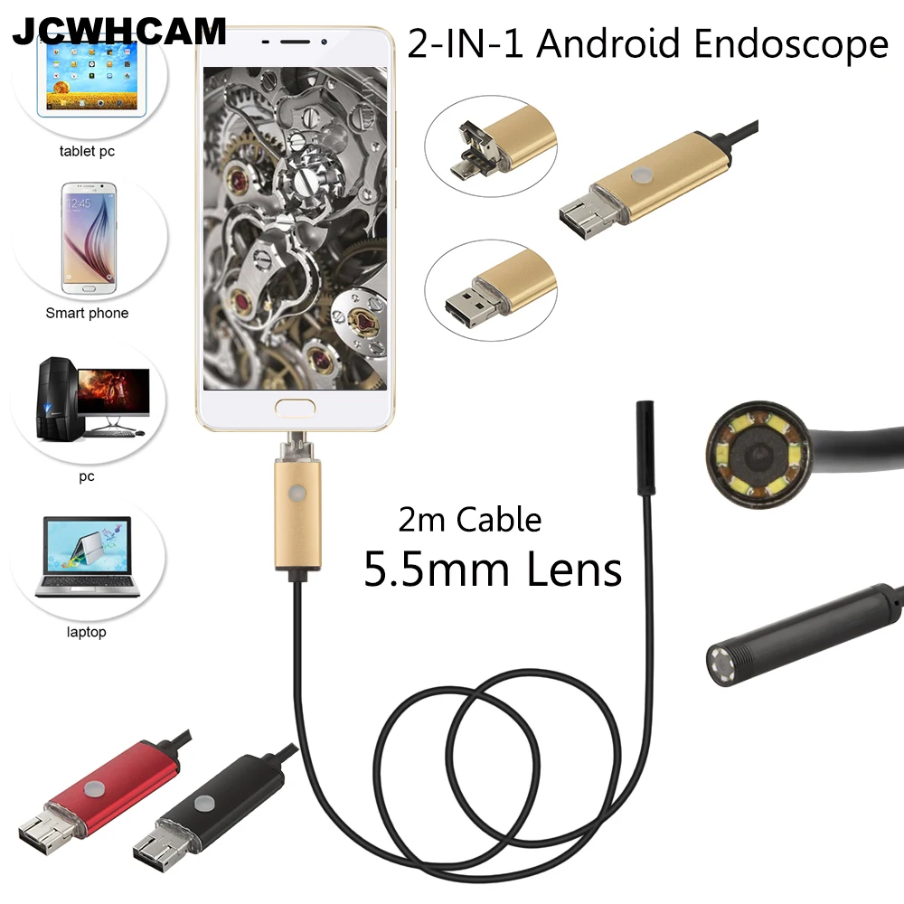JCWHCAM 2 v 1 5,5 mm objektivu 6 LED Android USB vodotěsný endoskop fotoaparát Borescope inspekční kamera s 2m délky kabelu