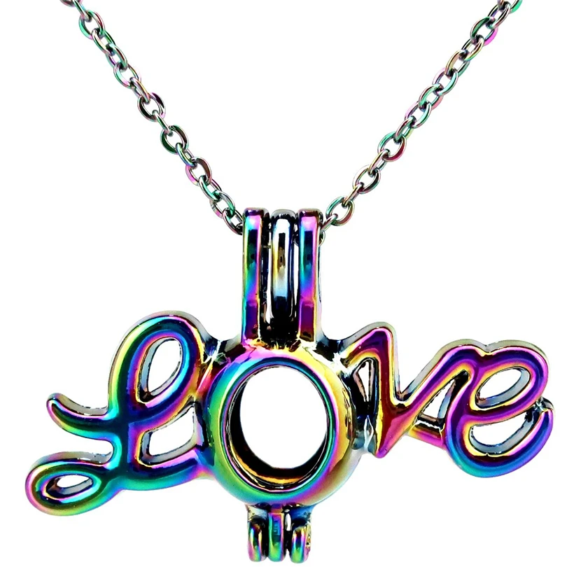 

C498 Rainbow Color Big Love Cage Pendant Locket Aroma Essential Oil Diffuser Locket Necklace