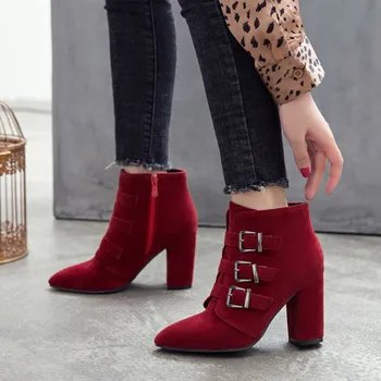 

EOEODOIT Ankle Boots Women 2019 Autumn Winter High Square Heel Pointy Toe Short Boots Shoes Suede Pumps Plus Size Zip Boto