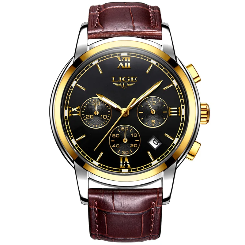 LIGE часы мужские роскошные брендовые модные деловые кварцевые мужские часы с шестью контактами спортивные водонепроницаемые часы мужские полностью Стальные наручные часы - Цвет: leather gold black