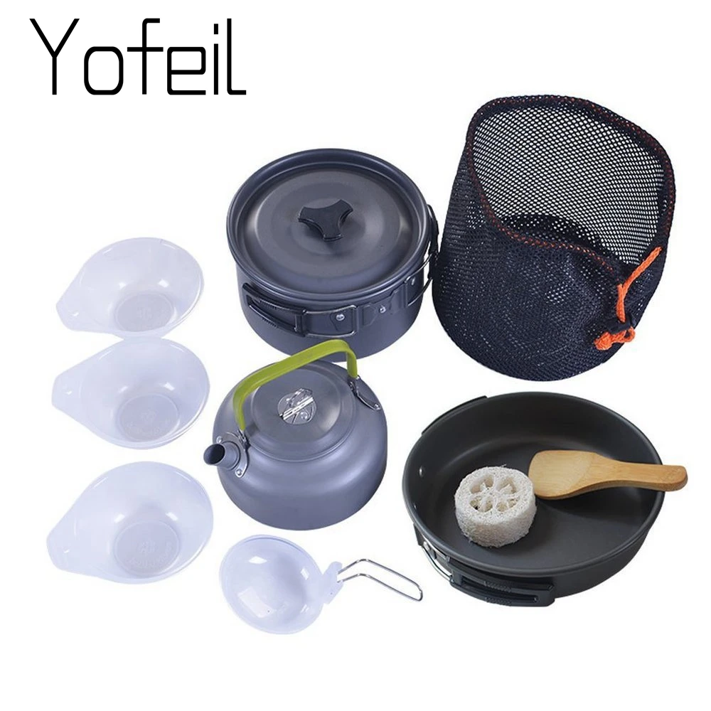 9 unids/set Camping vajilla cocina al aire libre conjunto de utensilios de cocina de vajilla ollas Pan tetera café cuencos cuchara Picnic herramientas