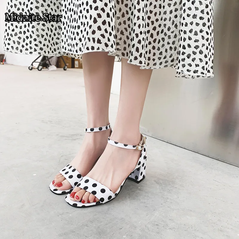 

Hot Fashion Sale Buckle Strap Shoes Woman Sandals Sweet Polka Dot Peep Toe 7cm Thick High Heels Party Wedding For Pretty Ladies