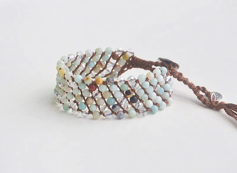 

wholesale 4mm amazone beads AB crystal wrap bracelet on coffee cotton cord
