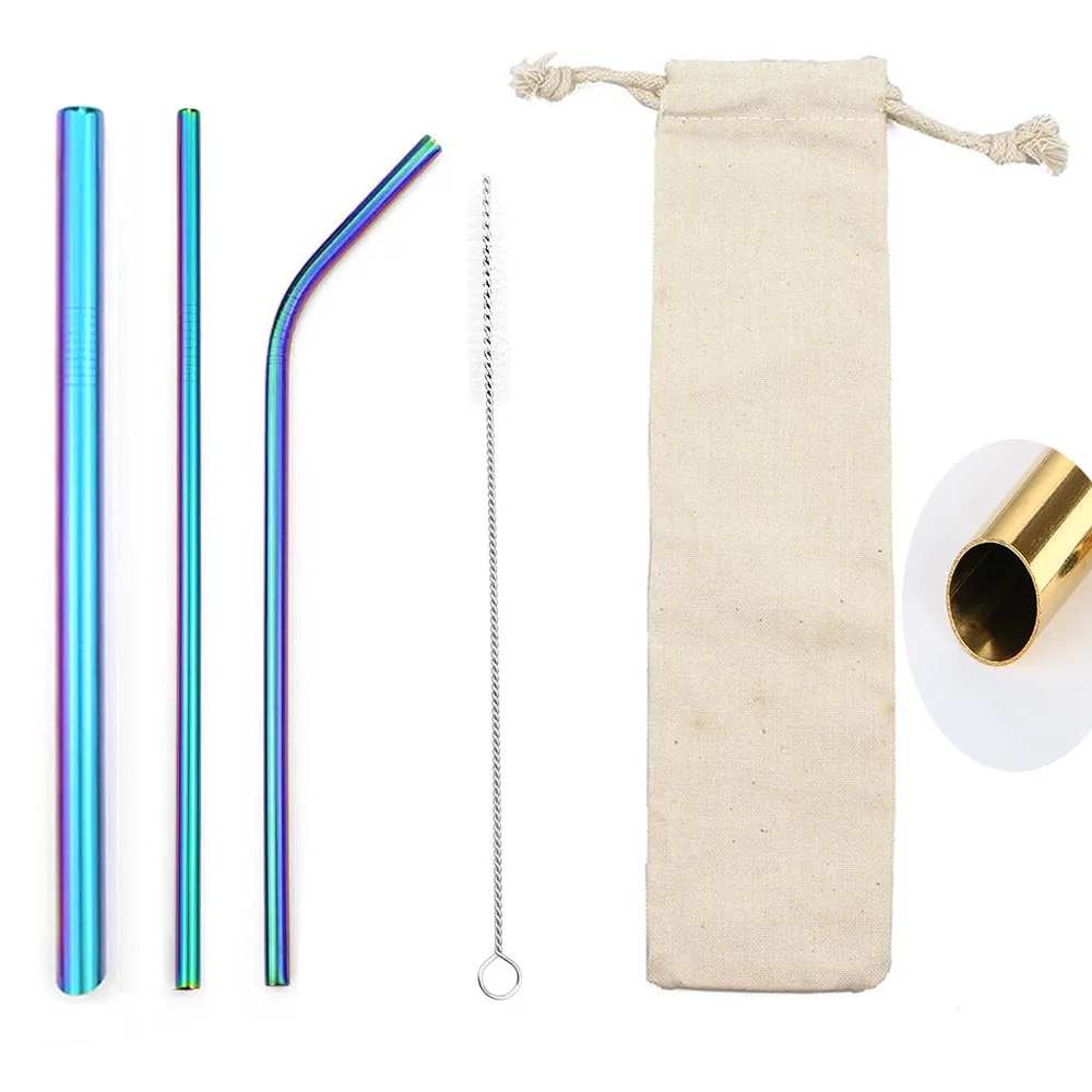 

5pcs Colorful Stainless Steel Drinking Straws Reusable Metal Pointed Bubble Tea Straws Tubule Cleaner Brush with Pouch Bag Set