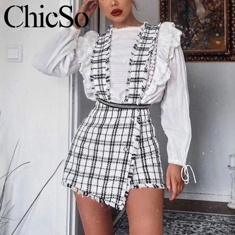 

MissyChilli Plaid black high waist tweed skirt Women slim button fringe strap mini skirt Female sexy party club tassel skirt2019