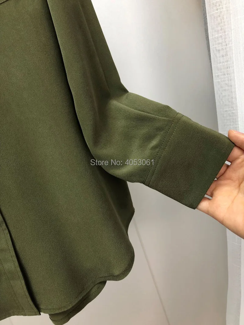 Шелковый армейский зеленый длинный рукав лацкан блузка рубашка-2019ss Женская стильная модная рубашка Топ