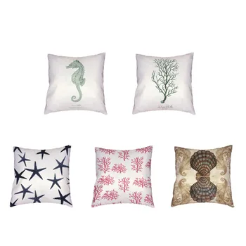 

Sea Creatures Pattern Polyester Peach Skin Cushion Cover Hippocampus Coral Conch Starfish Print Home Sofa Decoration Pillowcase