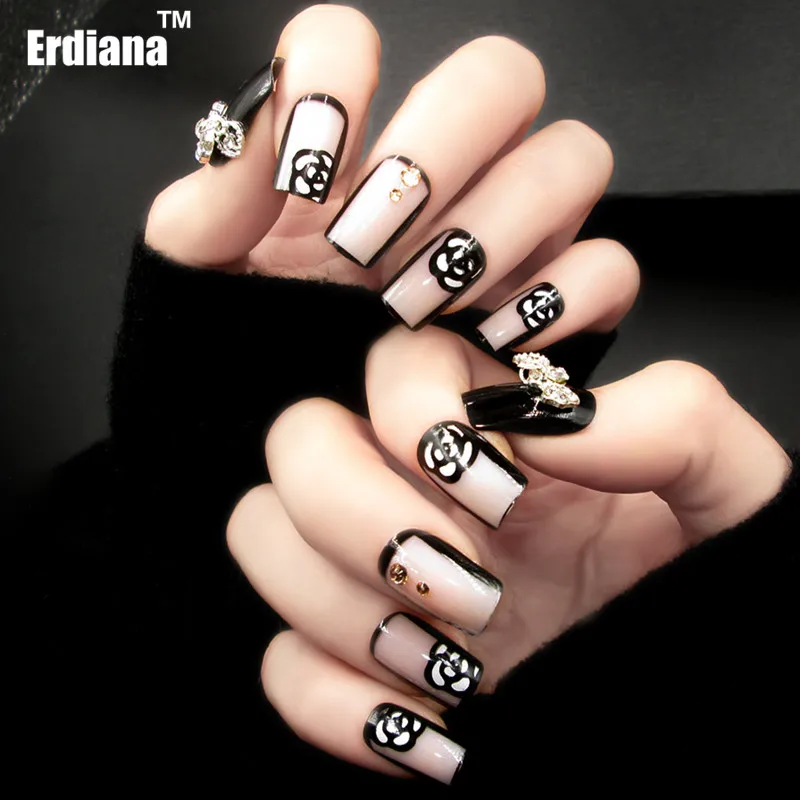Erdiana 24pcs/set Short Flora Finished Fake Nail Tips Flower Rhinestone Crystal Rivet Style End Product False Tip | Красота и