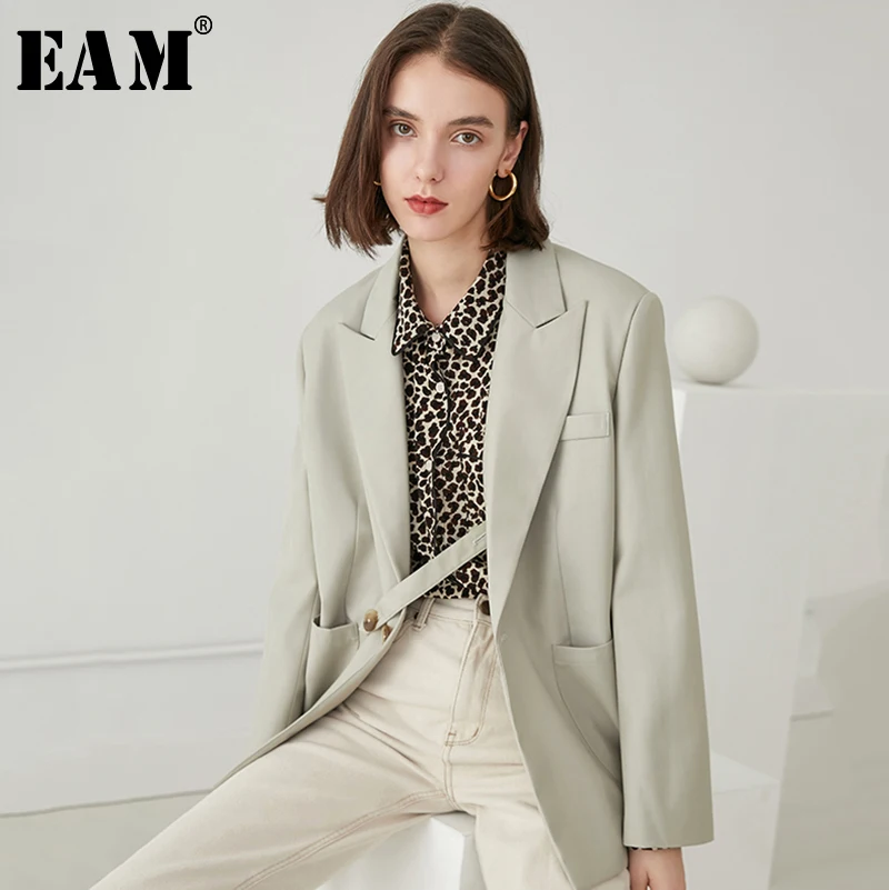 

[EAM] 2019 New Autumn Winter Lapel Long Sleeve Gray Green Loose Pocket Button Stitch Jacket Women Coat Fashion Tide JQ453