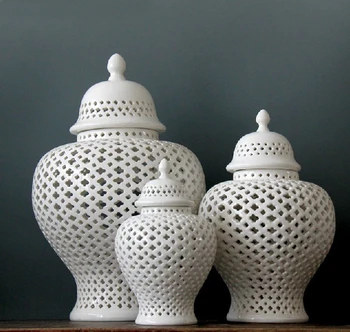 

Three Pieces Set Chinese White Color Cutout Porcelain Ceramic Vase Temple Jar Ginger Jars