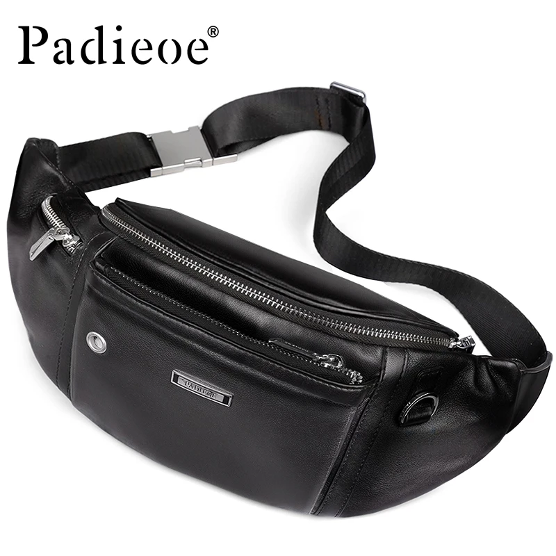 Padieoe Leather Belt Bag for Male Bum Men Fashion Travel Bag for Phone Casual Waist Bags Adjustable