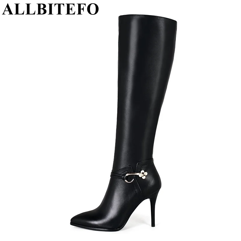 ALLBITEFO Besar ukuran: 33-43 gesper sepatu hak tinggi seksi salju musim dingin kulit asli + PU fashion wanita lutut sepatu bot tinggi wanita
