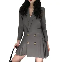 2019 primavera mujeres Blazers ropa de trabajo Vestido Abrigos Mujer cuello en V doble Breasted Blazer vestidos Vintage plisado chaqueta Vestido f131(China)