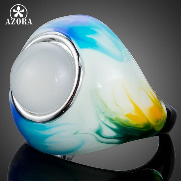 AZORA Unique Design Attractive Round Cat's eye stone Oil Painting Pattern Ring Women TR0159