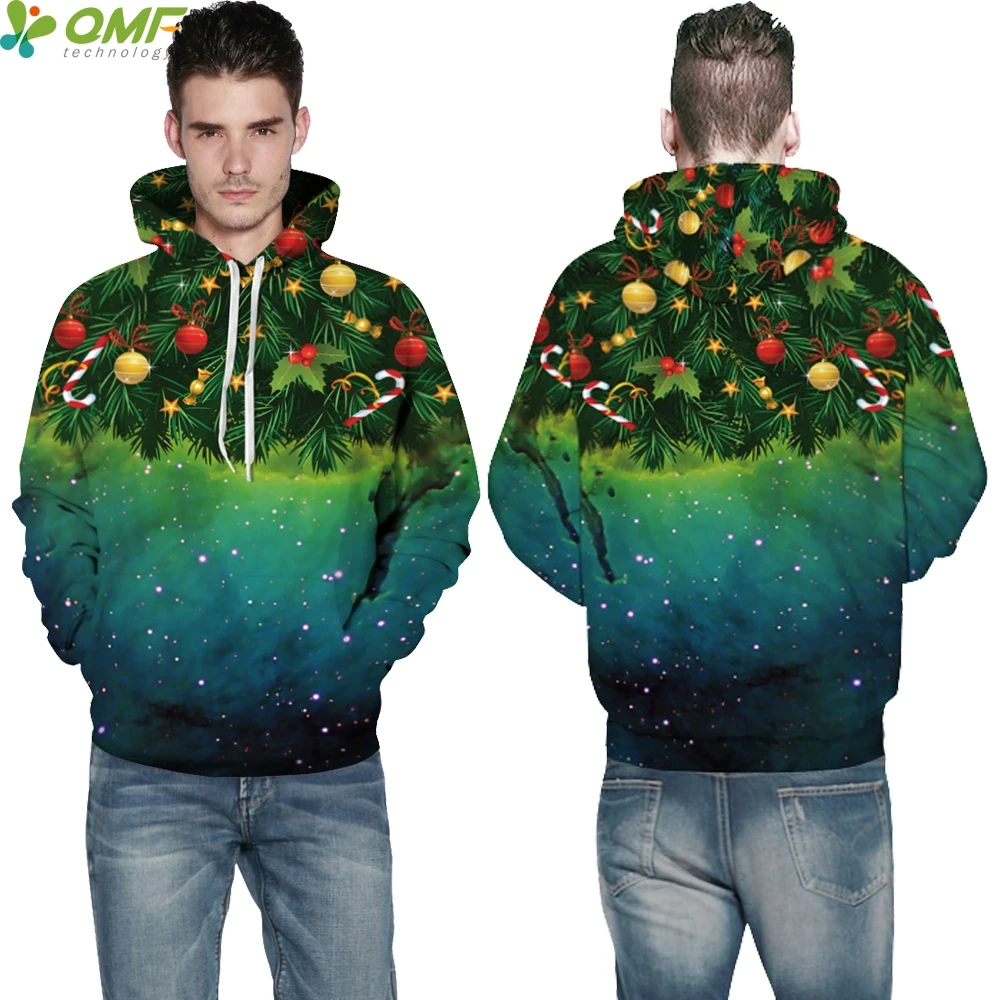 Space Galaxy Christmas Trees Hooded Hoody Tops Winter Men Sweatshirts Green Star Sky
